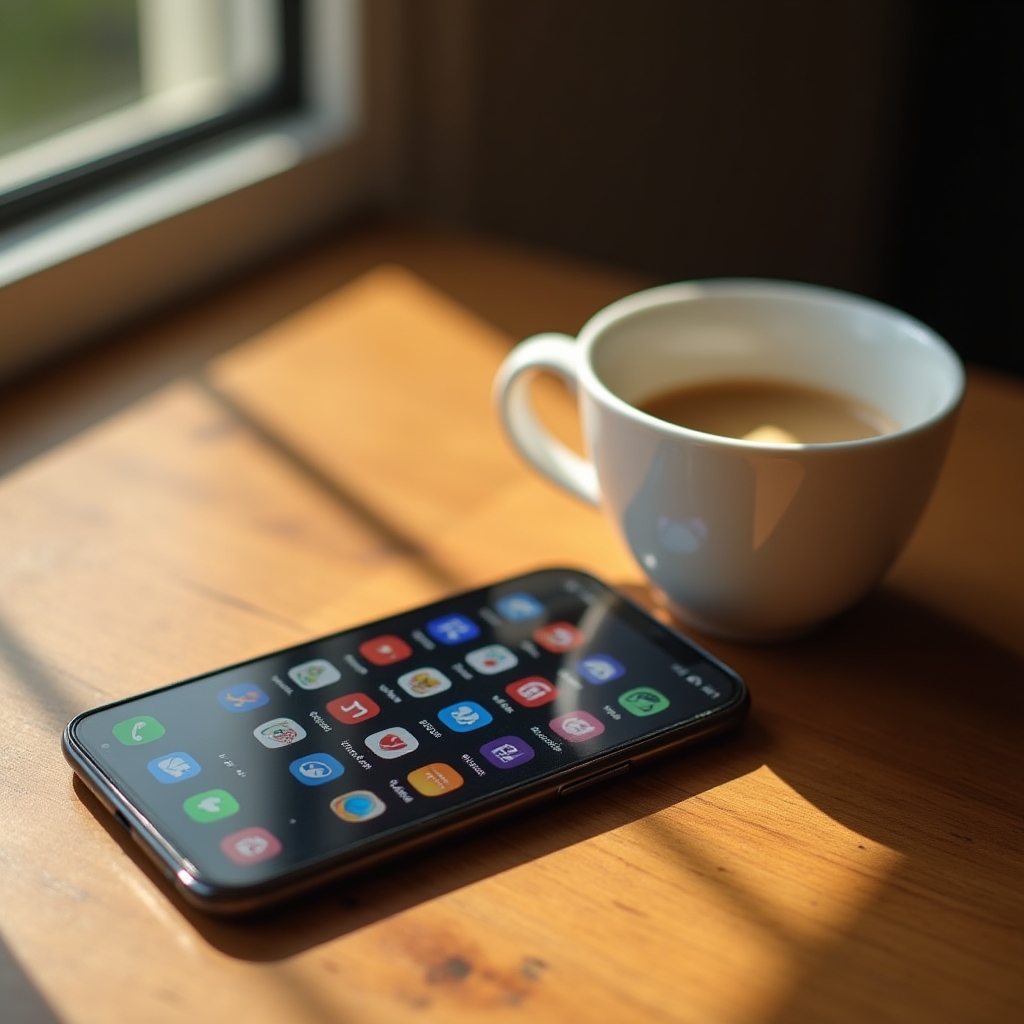 Telefon z aplikacjami subskrypcji obok filiżanki kawy